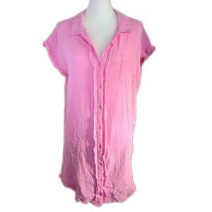 Umgee 100% cotton button down pink shirt dress/cover up, raw hems S